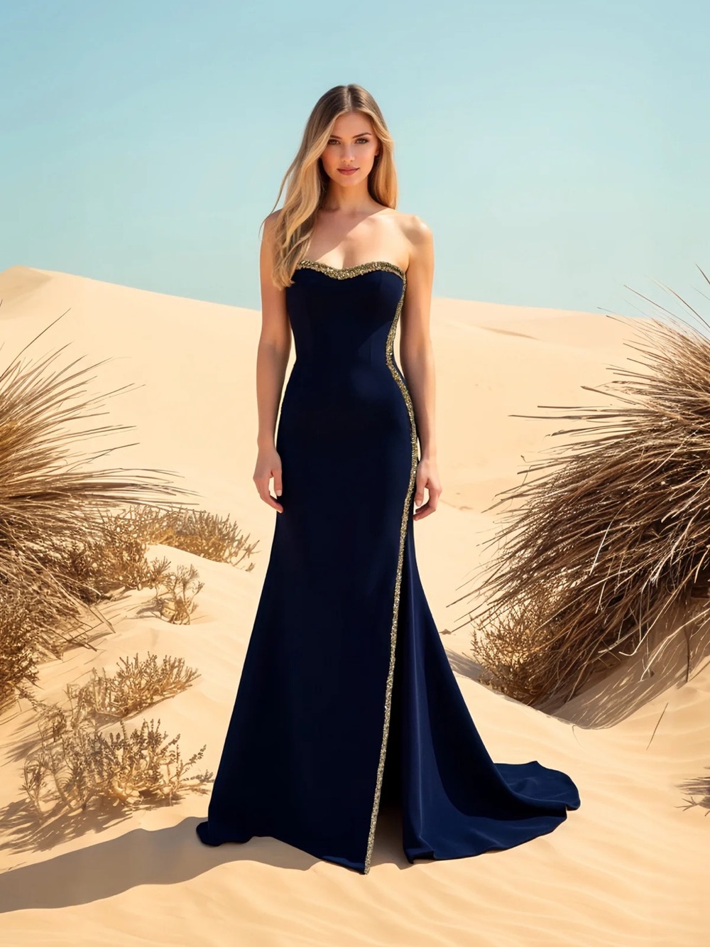 Terani Couture 2437 Navy Gown with Gold Accent